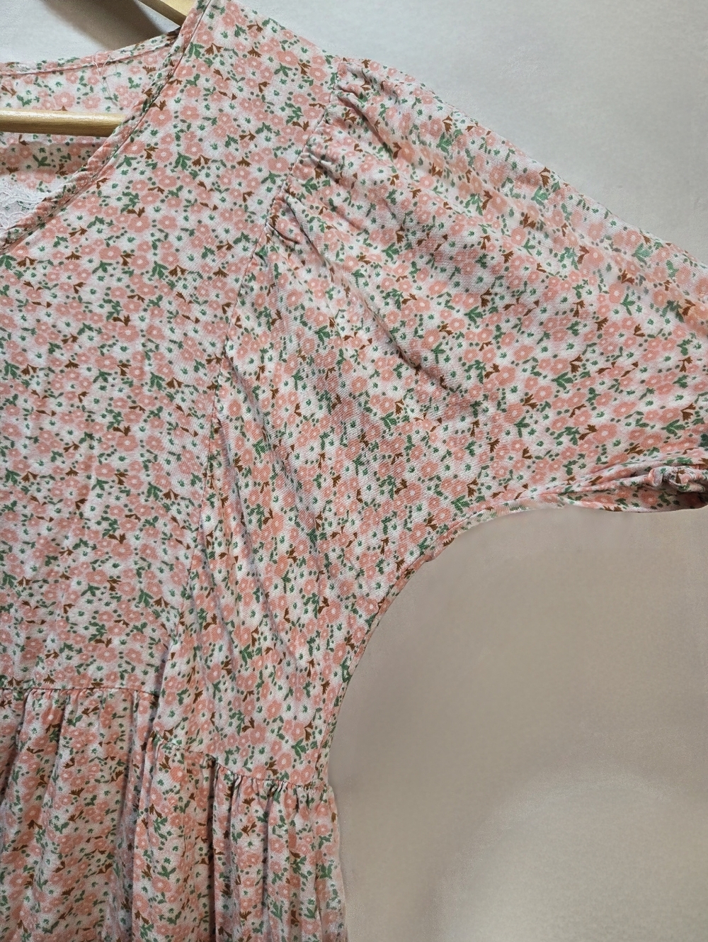 Pink Floral Print Cottagecore Loose Fit Midi Dress Tiered Ruffled Skirt Pockets - Picture 4 of 7